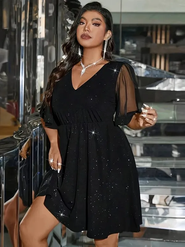 New Plus-Size V-Neck Elegant Fitted Solid Color Mesh Panel Sheer Women's Dresses for Evening Events and Dates