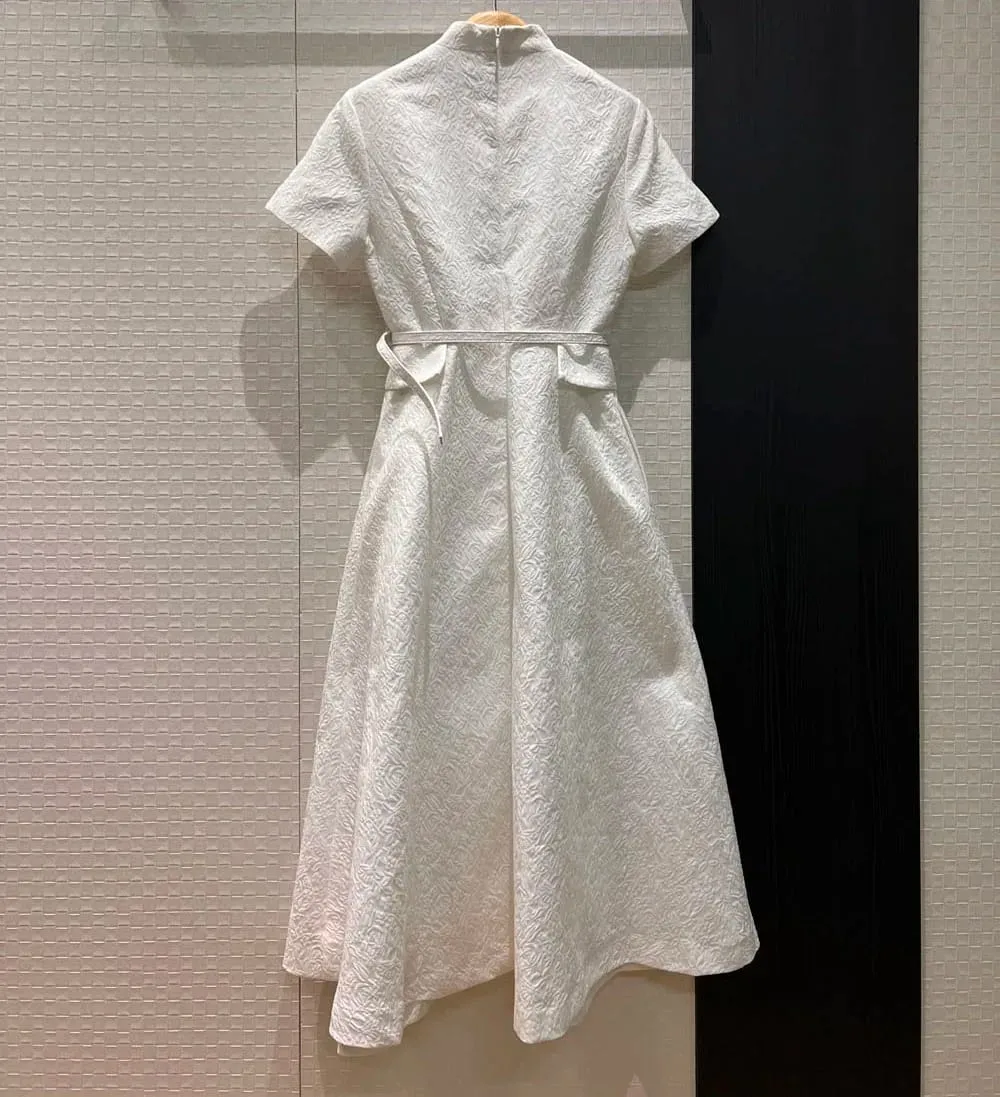 3D flowers embossed pattern 2026 spring women single breasted long dresses belt pockets dress black white — image 6