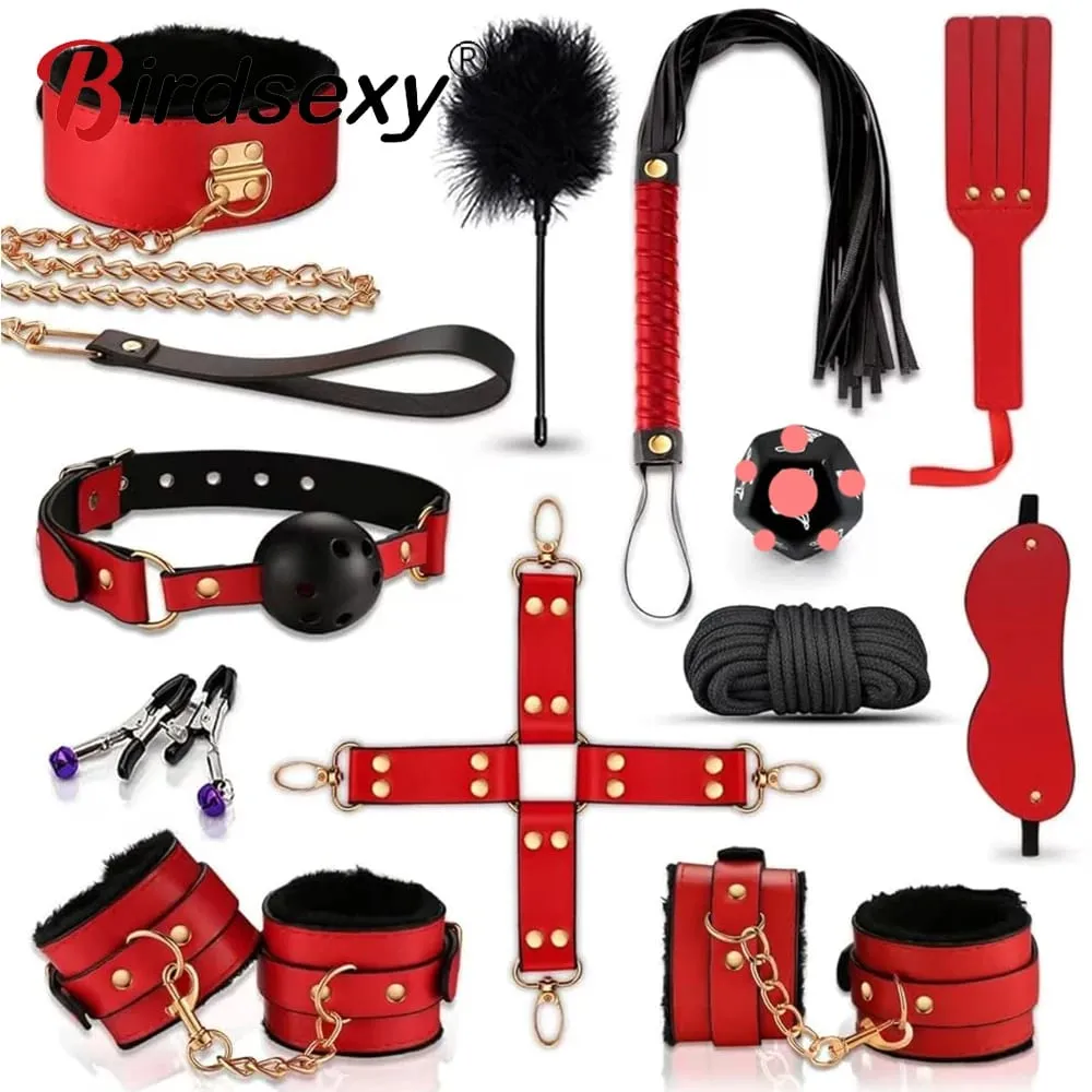 Erotic Bed Bondage Kits Slave Restraint Bondage Set Genuine leather Collar Mouth Gag Whips Handcuffs Adult Sex Toys For Couples — image 1