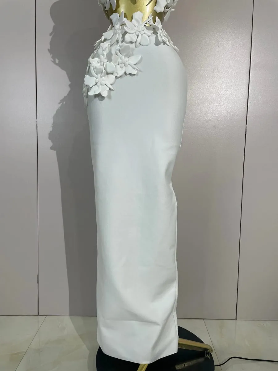 Women Sexy White Flowers V-Neck Tops Bodycon Long Dress Two Pieces Set Eveing Party Prom Gown Nightclub Celebrate Birthday Dress — image 6