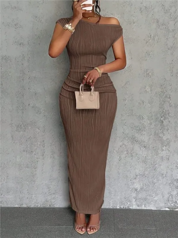 Mode Vatten Ripple Sned Shoulder Dress Dam Elegant och Enkel Enfärgad A-linje krage Mellan midjan Sexig höftomlott kjol — image 7