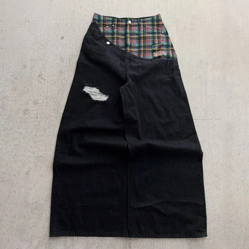 Y2k Harajuku Baggy Jeans Retro Plaid Patchwork Men And Women Wide Leg Pants American Hip Hop Streetwear Casual Jeans — image 3