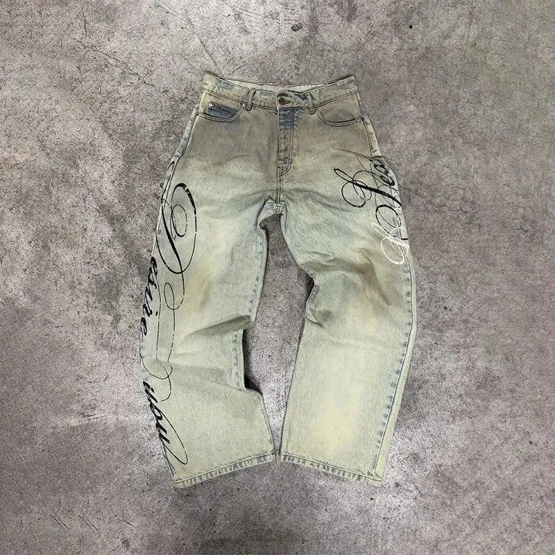 Y2K Loose Casual Jeans Letter Graphic Printing Versatile High Waist Jeans Hip Hop Fashion Men Women Vintage Washed Streetwear