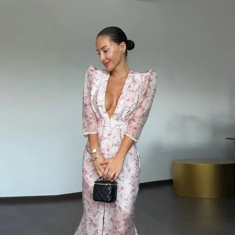 Sexy Printed Flower Long Women's Dress Sleeveless Waist-Closed Slash Neck Lady Dresses Summer Sling Vacation Holiday Robe — image 8