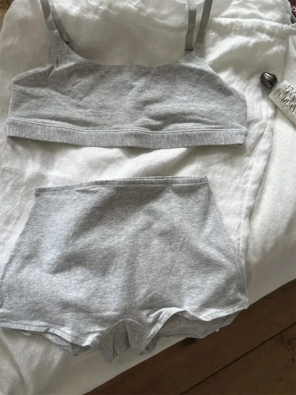 Vintage bomulls-sport-bh-set för kvinnor, sömlös behå med justerad rem+låg midja boxershorts Solida enkla underkläderset med hög elasticitet — image 5