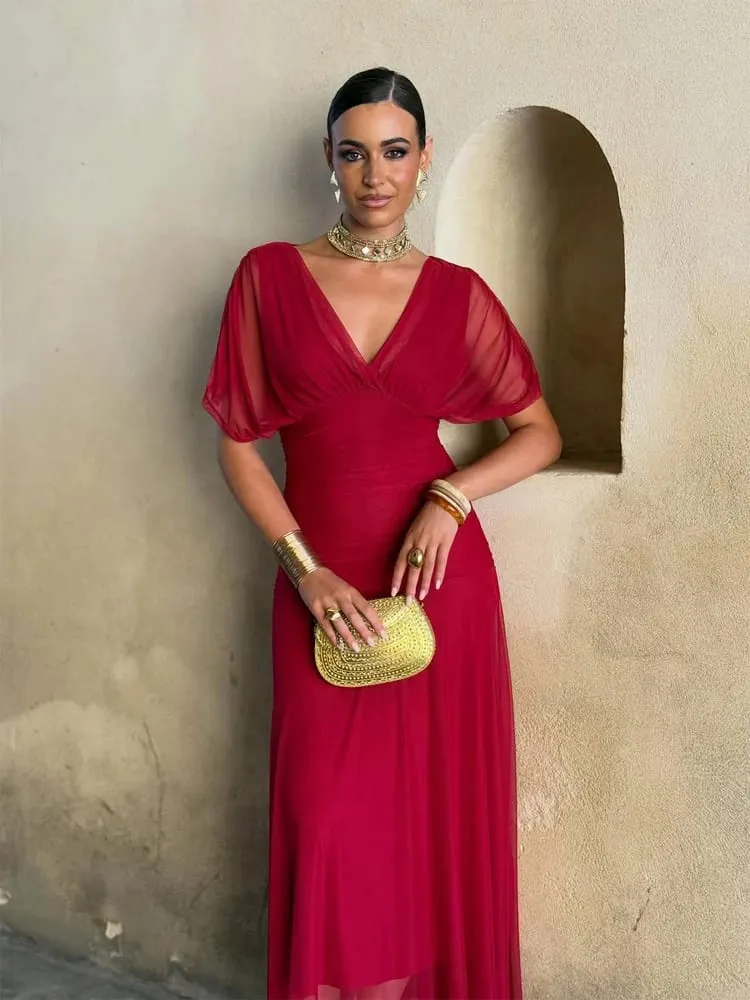 Women Solid Deep V-neck Mesh Long Dress Elegant Puff Short Sleeve Ruched Waist High Vestidos 2026 Summer Lady Casual Street Robe — image 7