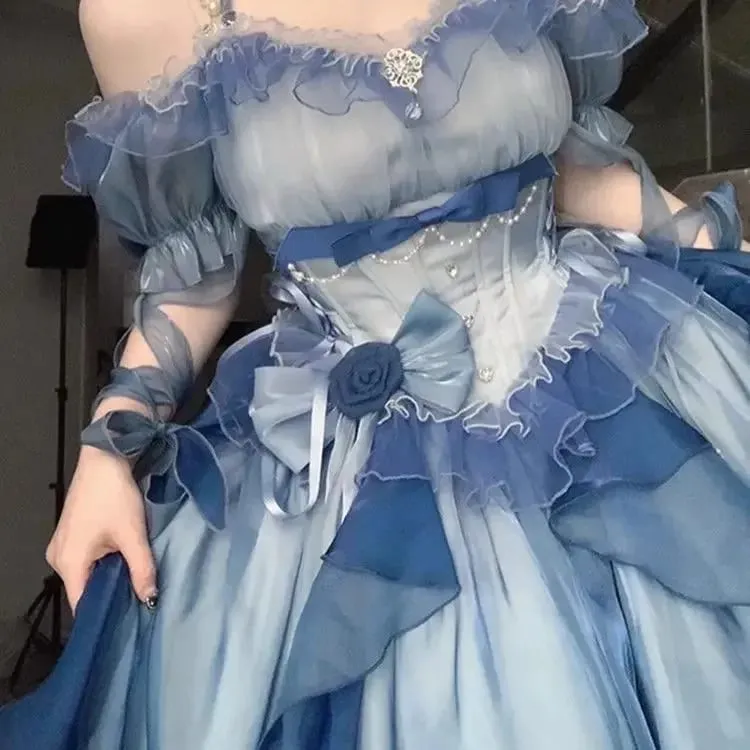 Dophee Original Lolita Trailing Puffy Dress Kvinnor Kort Fram Lång Baksida Prinsessan Blå Blomma Bröllopsklänning Elegant Off Shoulder — image 8