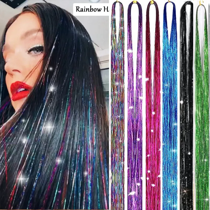 6Pcs/set Sparkle Shiny Hair Tinsel Hair Extensions Dazzles Women Hippie for Braiding Headdress Hair Braiding Tools Long 60cm — image 9