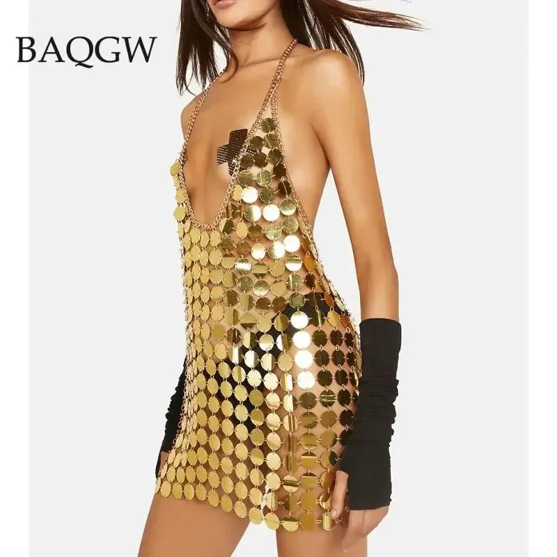 Moda feminina sem mangas sexy sem costas glitter preto ouro chainmail lantejoulas retalhos mini vestidos diana vestido de disco de prata — image 3