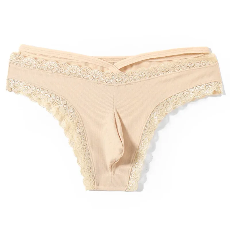 Herr Spetskant Sissy Gay Seamless Trosor Underkläder Medel midja Bulge Pouch Underkläder Solid Herrunderkläder med spetskant