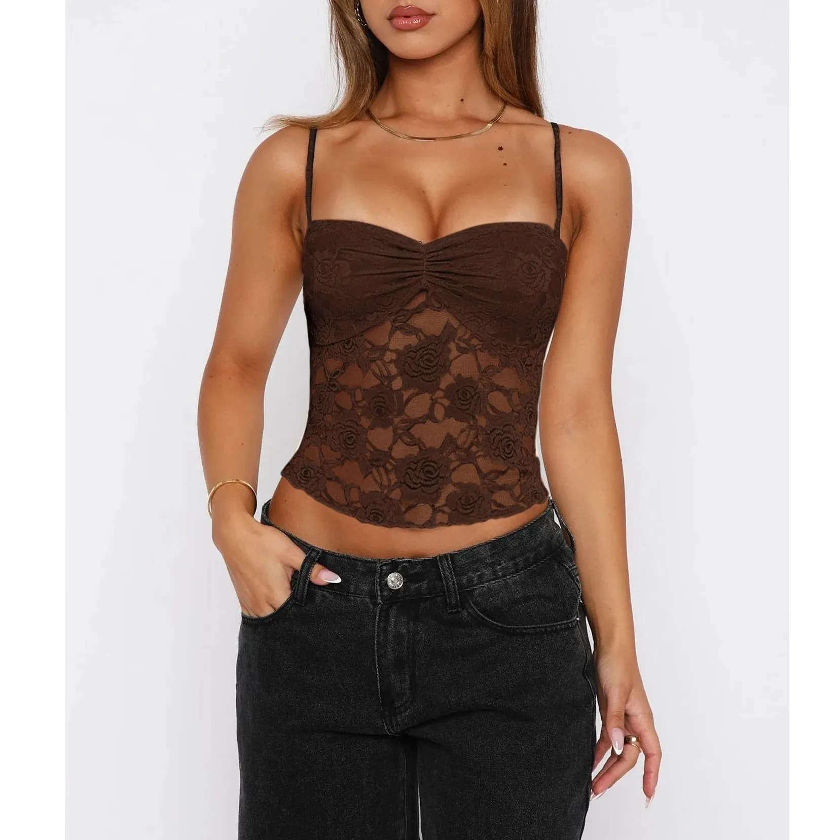 Women's Summer Lace Cami Tops Sleeveless Ruched Front Solid Color Camisole Slim Fit Tank Tops — image 4