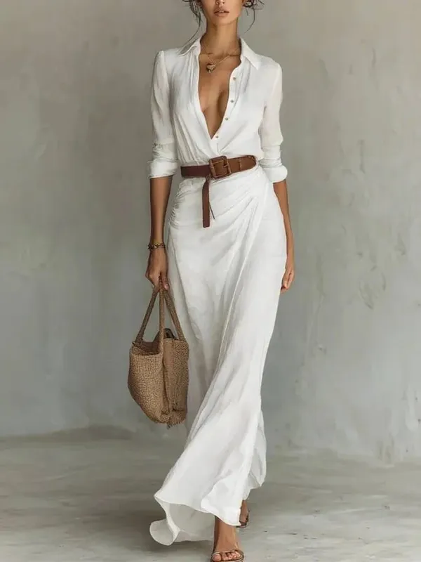 2025 New Autumn Woman Sexy Deep V Neck Hollow Long Dress Elegant Solid Belted Irregular Party Long Sleeve Slim Casual Dresses — image 9