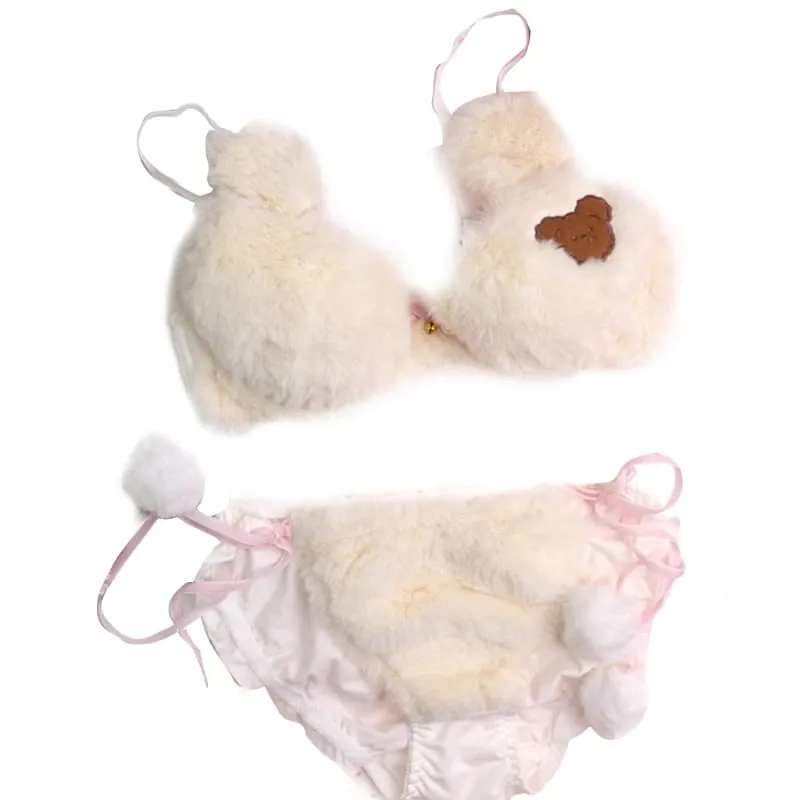 Conjunto de calcinha e sutiã de pelúcia peludo feminino, estampa de panda de desenhos animados, lingerie de inverno, menina escolar, anime japonês, roupa íntima cosplay — image 10