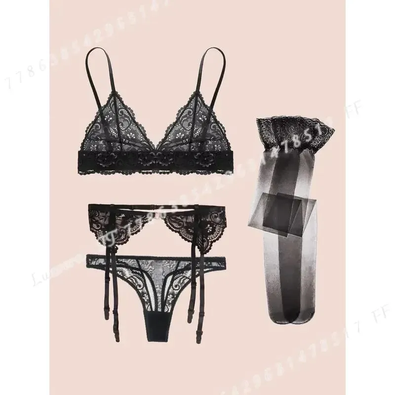 Varsbaby Women Lace Bra Set Non Padded Bra Panty Garter Stockings Summer Underwear Lingerie Sexy — image 3