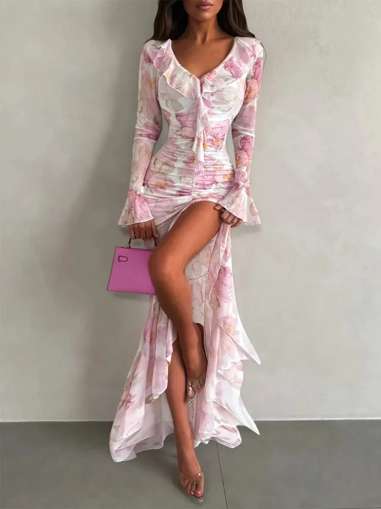 Women Pink Floral Print Maxi Dress Elegant V Neck Ruffle Trim Flare Sleeve Ruched High Chiffon Dresses 2026 Lady Party Vestido — image 5