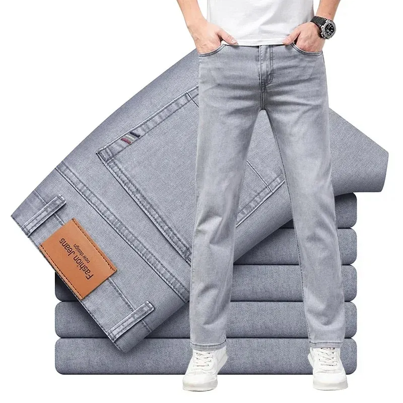 Marca de verão masculina ajuste reto leve algodão estiramento jeans negócios casual cintura alta fina luz cinza calças dos homens — image 1