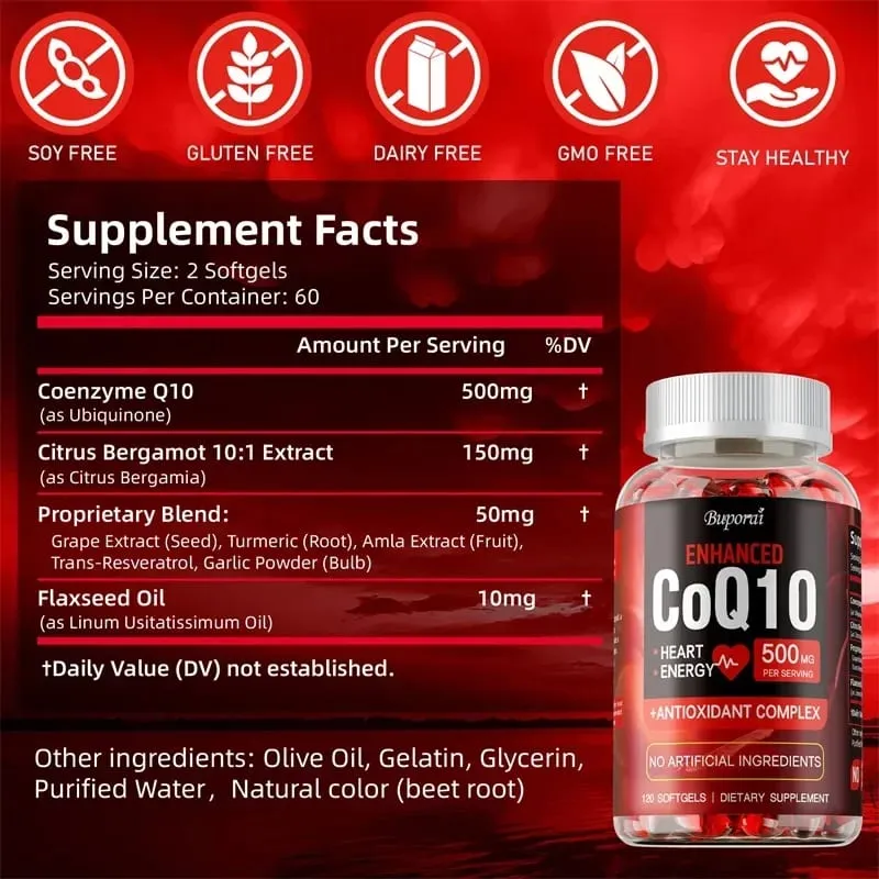 Suplemento CoQ10 - Promove a saúde cardiovascular e cardíaca Antioxidante fornece energia para a saúde geral — image 2