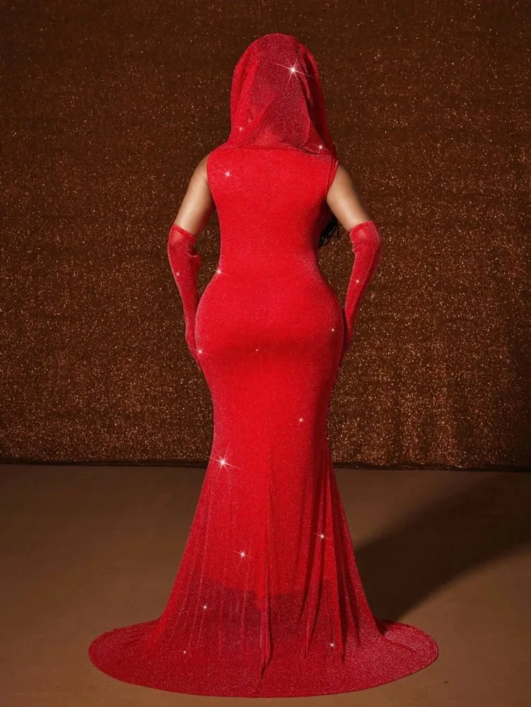 Plus size chapéu sexy cintura quente ouro peixe cauda balanço longo cor sólida fishtail pacote fino hip vestido com capuz