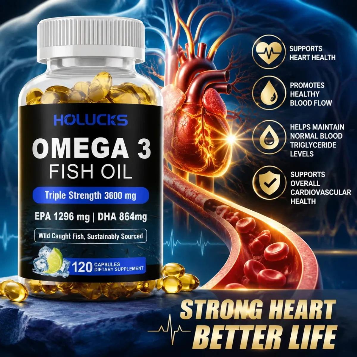 Omega 3 Fish Oil Supplement with EPA 1300mg DHA 900mg Support Heart & Brain Health Antioxidant Immune Energy Boost