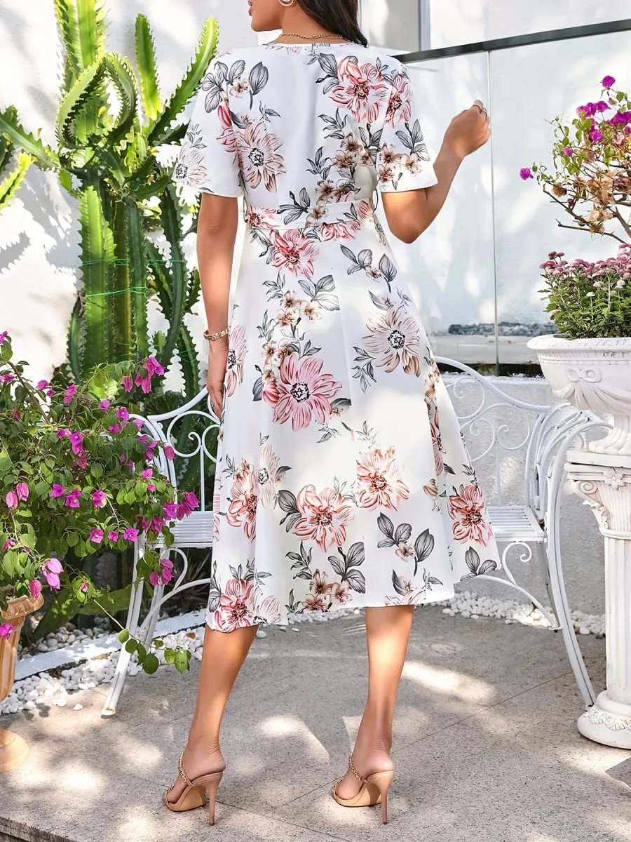 Women's Floral Print Wrap Dress - Short Sleeve V Neck Belted Midi Dress — image 5