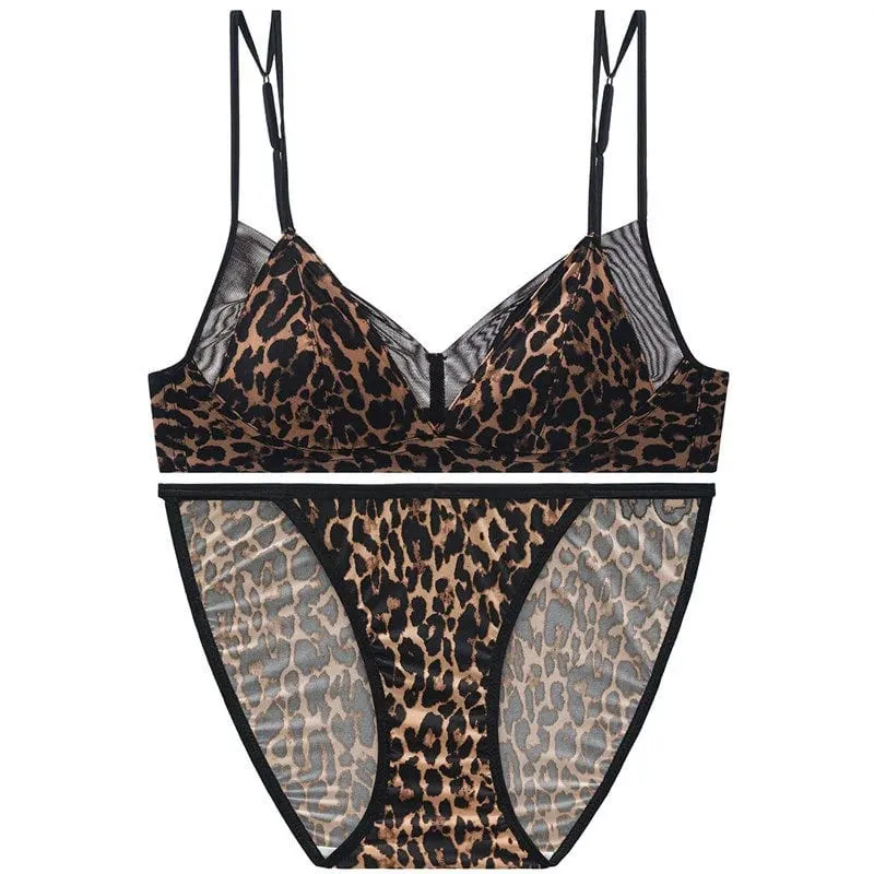 Popular Leopard Pattern Bralette Set Wire Free Soft Padded Small Breast Lift French Minimalist Women Everyday Lingerie 32A-38BC