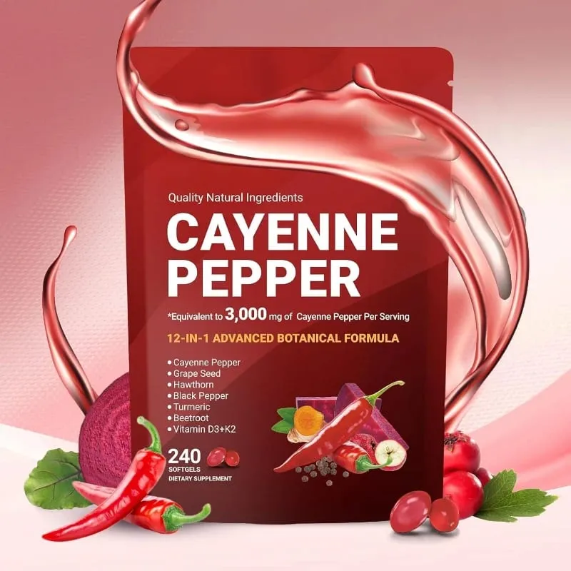 Cayennepeber softgels med druekerner Rødbede Gurkemeje Vitaminer D3 K2 E Urtetilskud