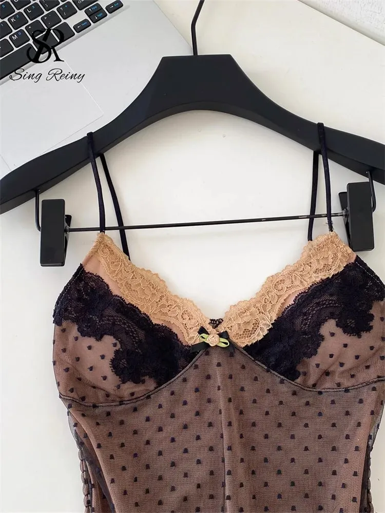 Polka Dot Mesh Lace Top French V Neck Shirred Stretchy Slim Backless Female Tank Top Summer Y2K Sensual Lazy Camisole — image 5