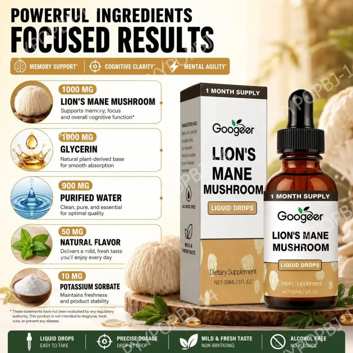 Googeer Lion's Mane Cogumelo Líquido Gotas de Memória e Suporte de Foco para Clareza Cognitiva Agilidade Mental Sem Álcool 30 ML — image 3