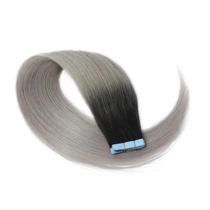 MRS HAIR Tape-In Hair Extensions 12-24 Inch 20pcs Natural Human Hair Real Extension T1B Gray Skin Weft Adhesive Tape Ins