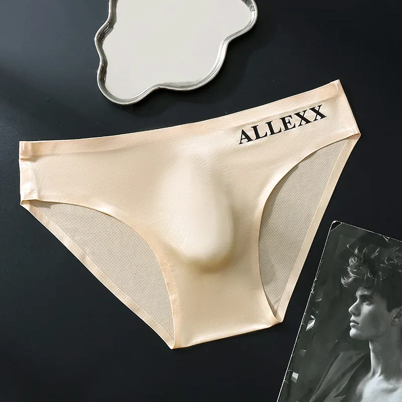 Men's Seamless Ice Silk Briefs Sissy Convex Pouch Panties Ultra-thin See Through Lingerie Underpant Elastic Low Rise Underwear