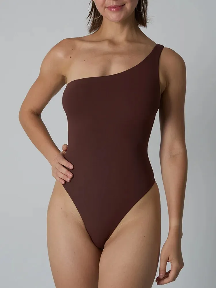 Diagonal Shoulder Jumpsuit Women's Solid High Elasticity Thin Shapewear Bodysuit Female Fashion Streetwear Slim Sports Underwear — image 9