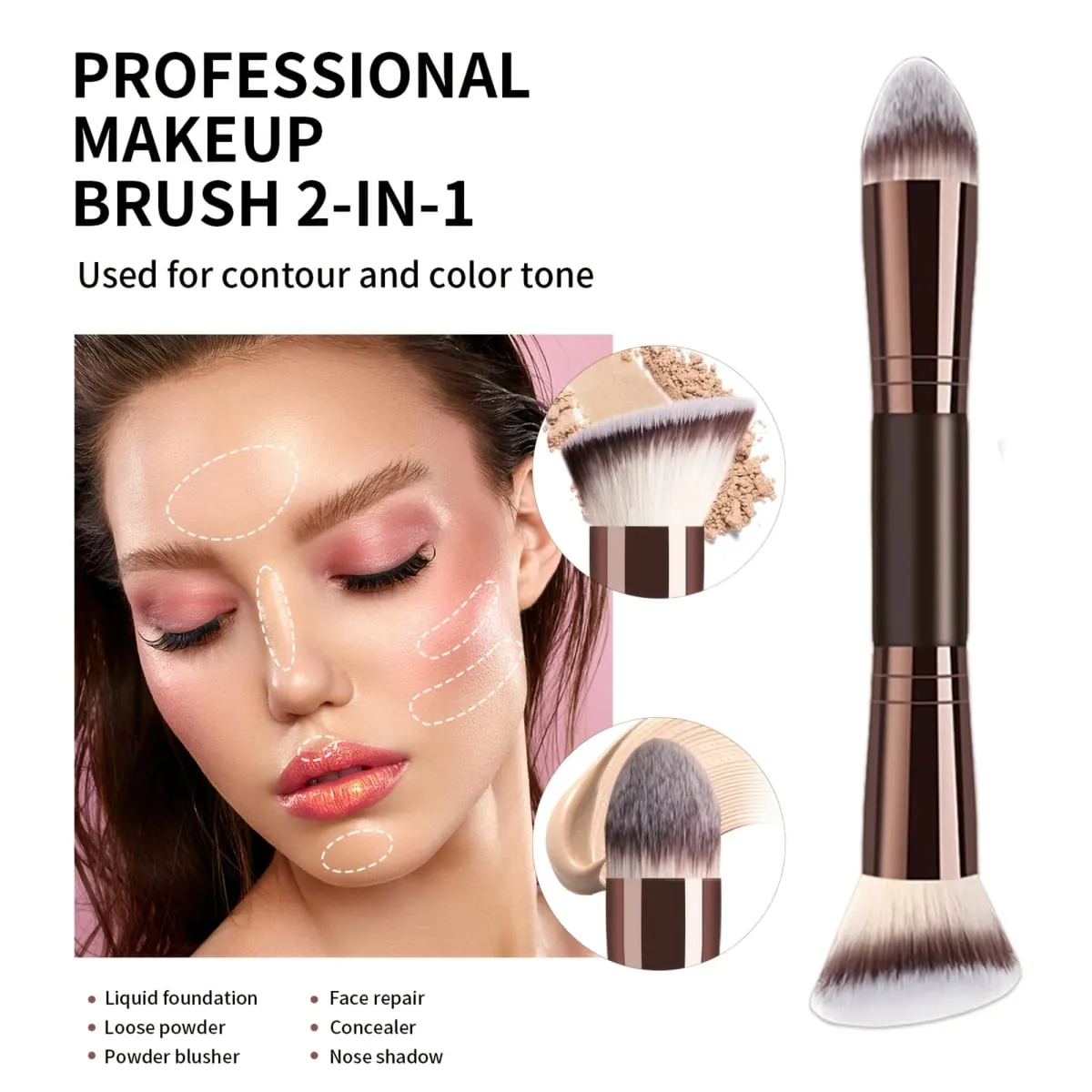 Single Double-Ended Multi-Functional Makeup Brush Professional Foundation + Blush Brush Soft & Dense Bristles