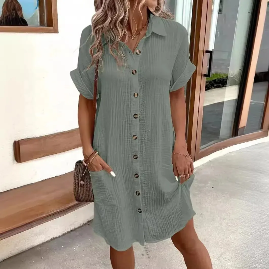 Fashion Loose Dress para sa Babae Single Breasted Raglan Sleeve Dresses na May Pocket Women Summer Tunic Short Shirt Dress Office Lady — image 5