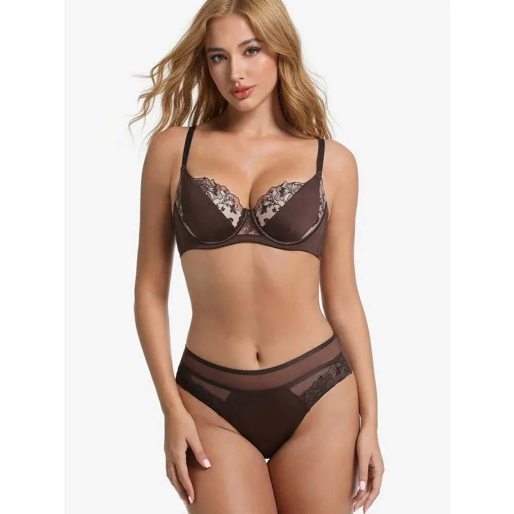 Curvy Women Plus Size Color Block Lace Lingerie Set Thin Cup D Cup Big Bust Full Coverage Bra Panty Underwear 34-40 — image 5