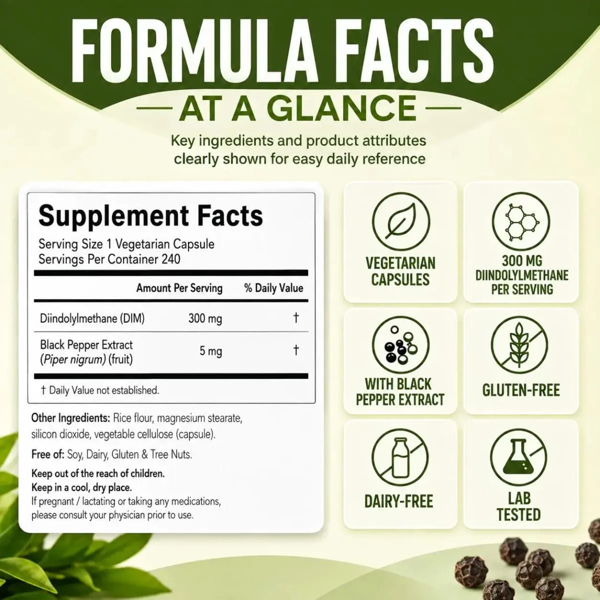 DIM Diindolylmethane Vegetarian Capsules with Black Pepper Extract GMO Free Gluten Free 240 Capsules — image 2