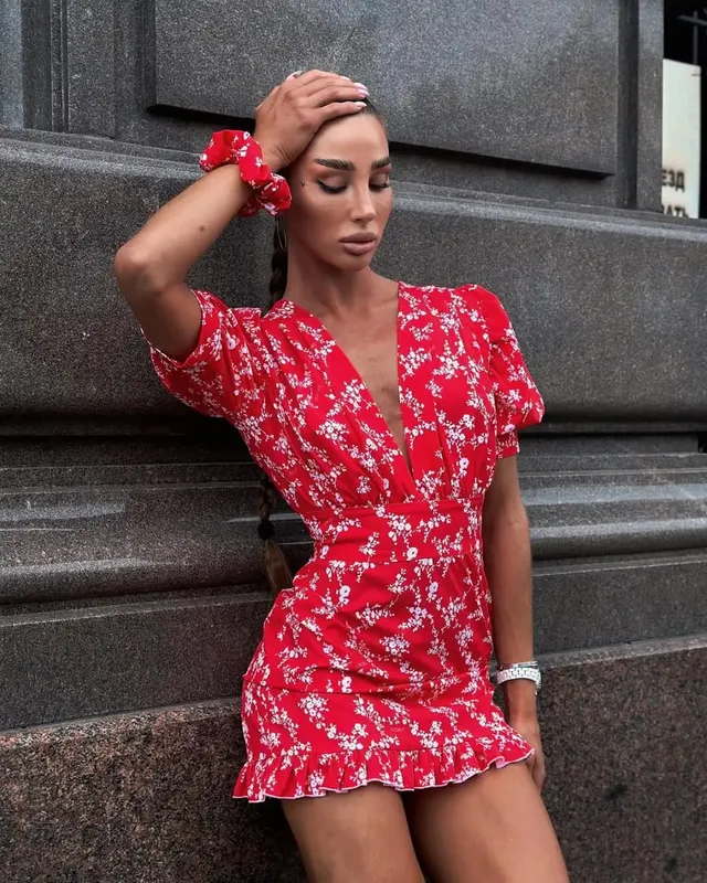 Women Red Floral Printed V-neck Short Sleeved Dress Puff Sleeve Waist Trim Ruffle Slit Hem Mini Dresses 2026 Summer Party Gowns — image 12