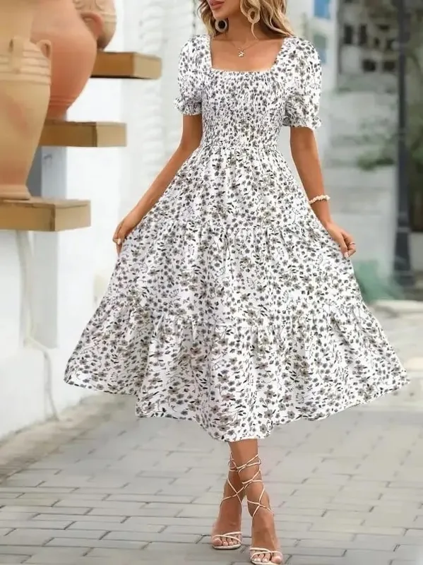 2025 New Women's Printed Dress Square Collar Bubble Sleeve Empire Waist Midi Dress Short Sleeve Cross-Border Independent Station — image 9