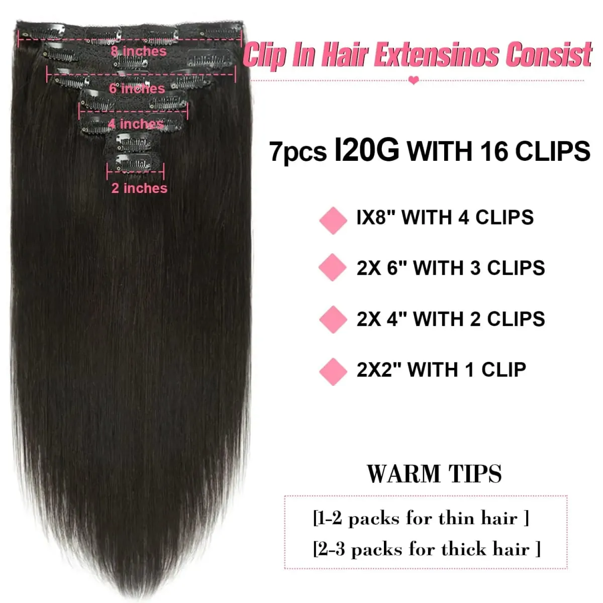 18/20/22inch Clip in Hair Extension 16 Cards 7pcs Straight Hair Clip-in Hair Extension Set for Women Synthetic Hair — image 3