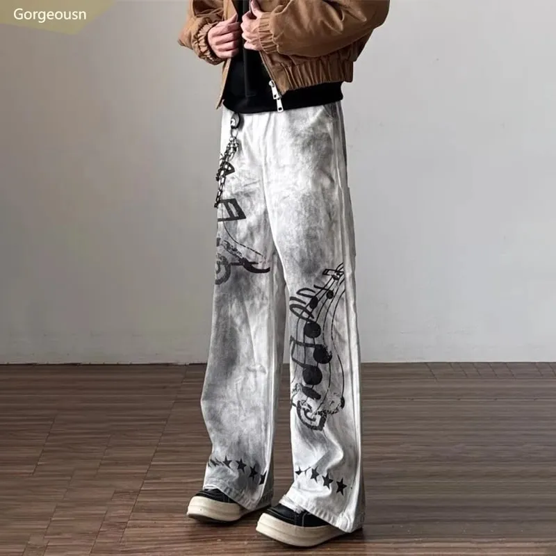 2026 New Retro Graffiti Printed White Baggy Jeans For Men High Street Straight Wide Leg Denim Pants Hip Hop Graphic Y2K Jean