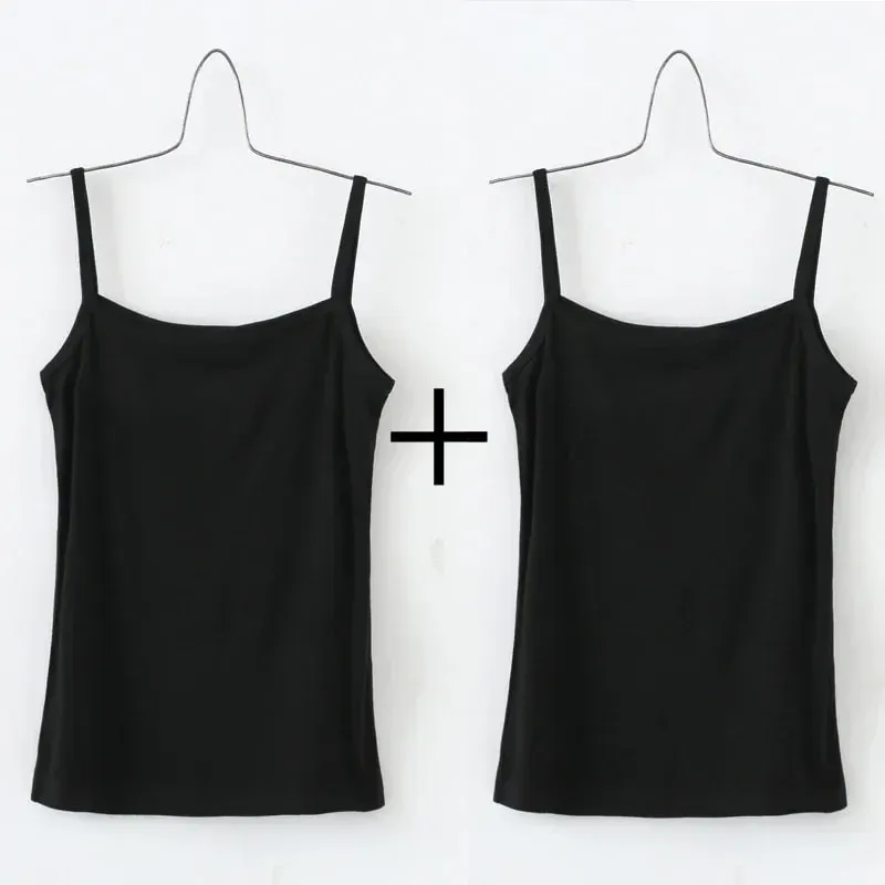 Women's Solid Color Spaghetti Straps Sleeveless Slim Camisole with Chest Pad Cotton Summer Wear Outside Female Short Tops Vests — image 13