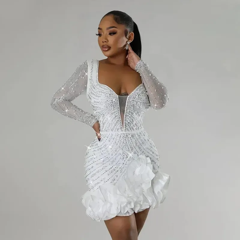 2025 Party Dresses Beading Diamond Long Sleeves Ruffles para sa mga kababaihan Makintab Elegant Wedding Guest Gown Okasyon Ipagdiwang ang Kaarawan — image 8