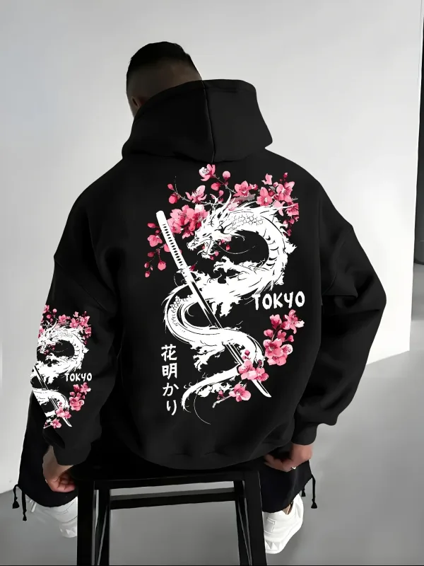 Bagong Men's Anime Dragon Cherry Blossom Printed Hooded Sweatshirt Winter Fleece Warm Casual Street Comfort Inspired Design Hoodie