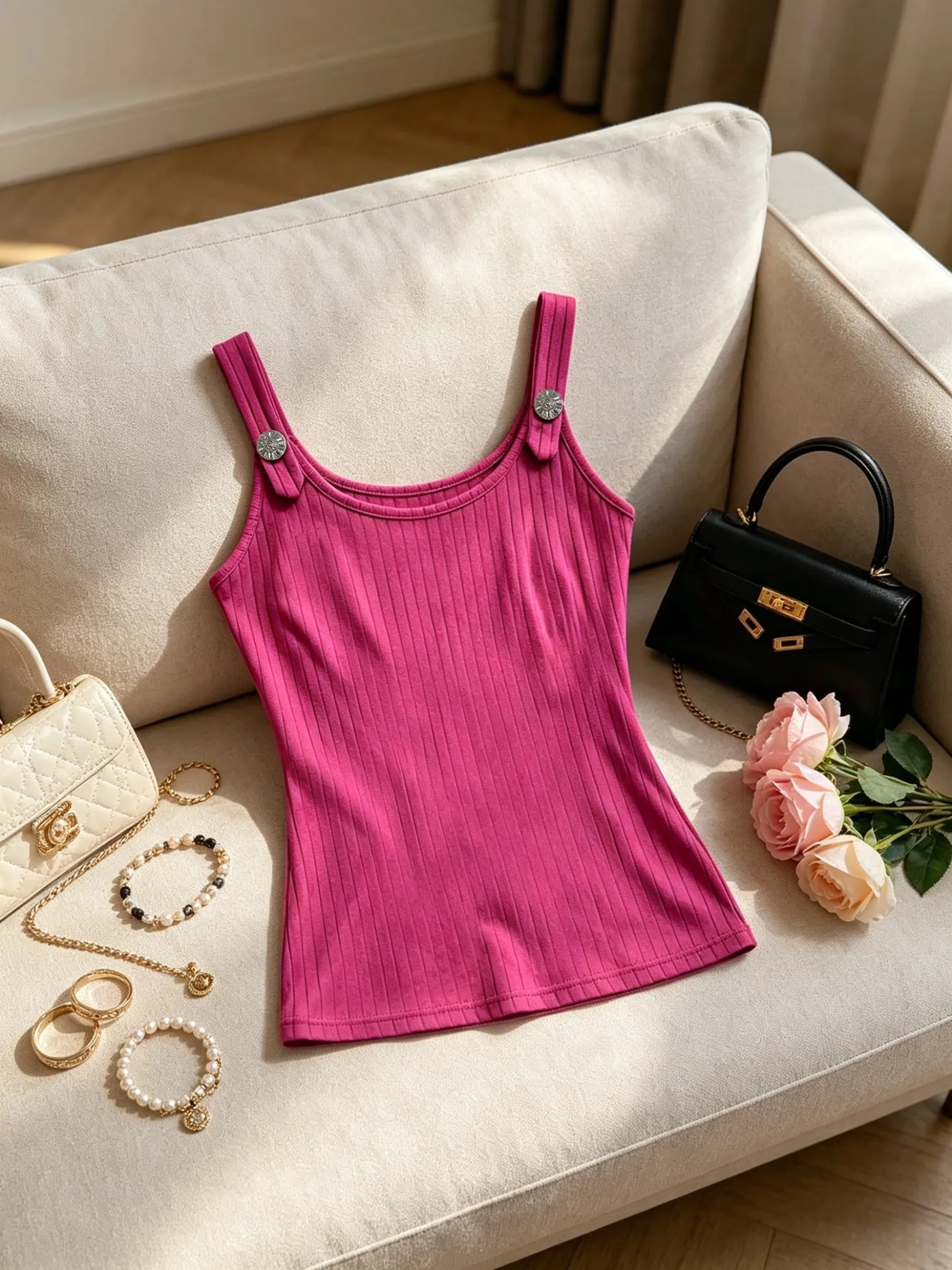Women Pink Ribbed Tank Top Casual Metal Button Detail U Neck Form Fitting Sleeveless Cami Top — image 5