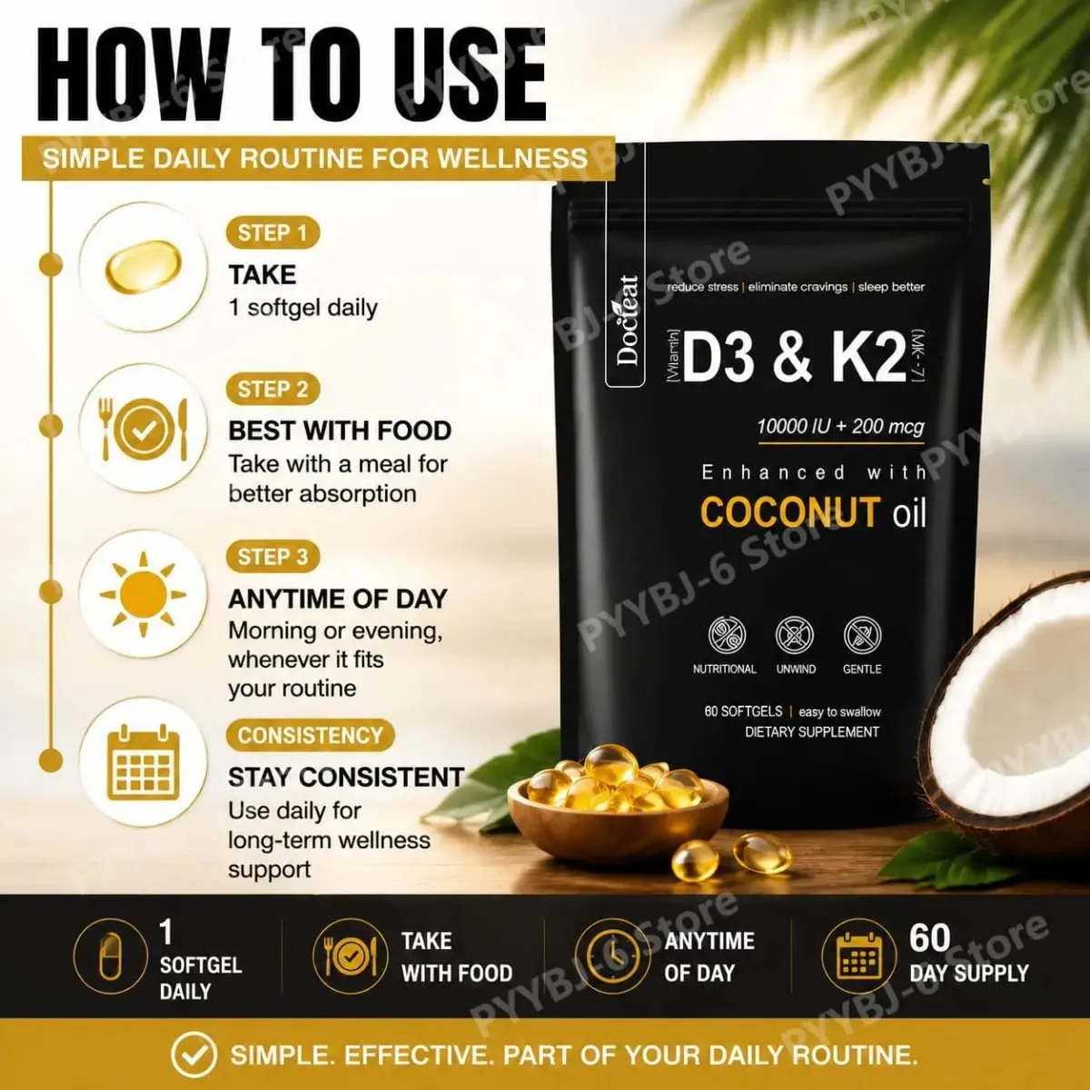 Docteat Vitamin D3 & K2 Softgels with Magnesium and Coconut Oil for Bone Nutrition Balance Immune System Balance - 60 Softgels — image 6