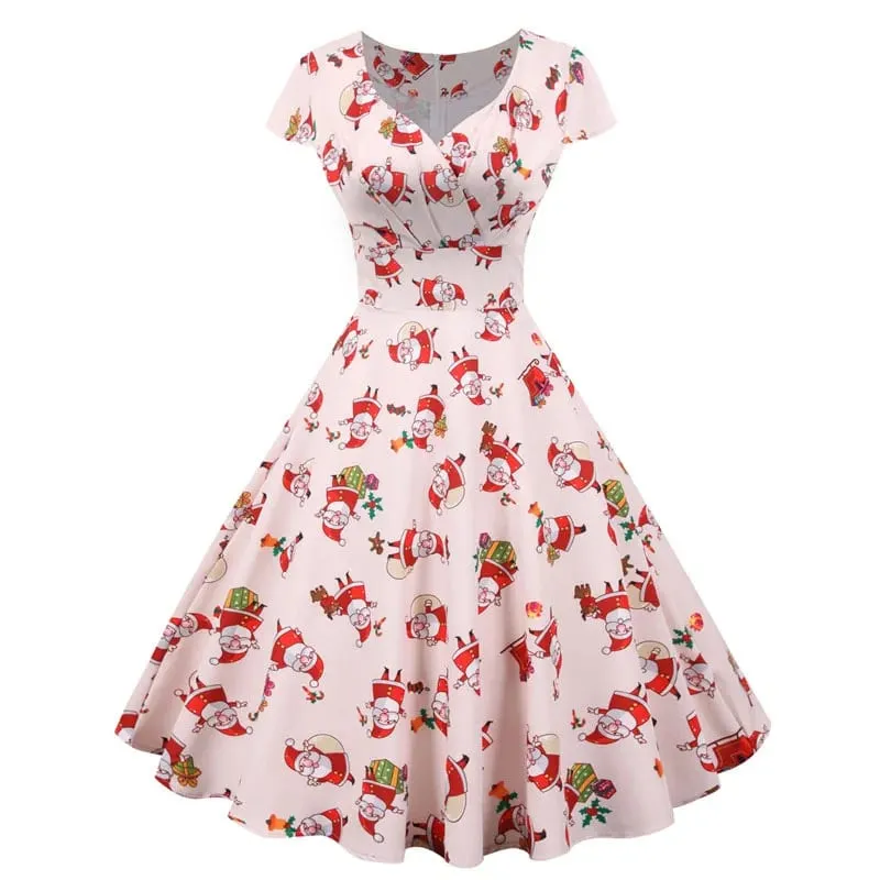 Moda decote em V manga curta estampado vestido de Natal grande balanço vintage elegante vestido de festa de Natal — image 5