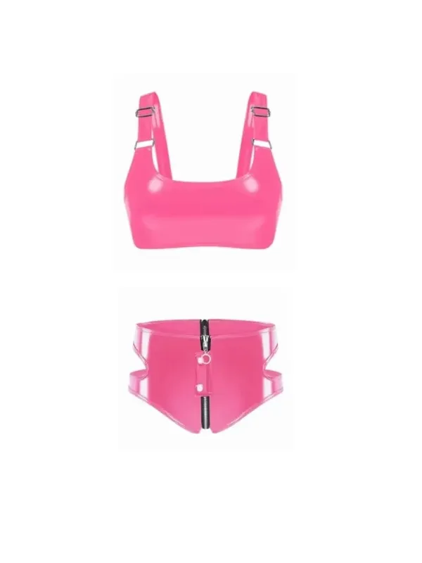 Conjunto de sutiã de couro sintético feminino, look molhado pvc, lingerie sem fio, sem forro, bralette punk com zíper, cuecas de virilha, roupa de balada — image 7