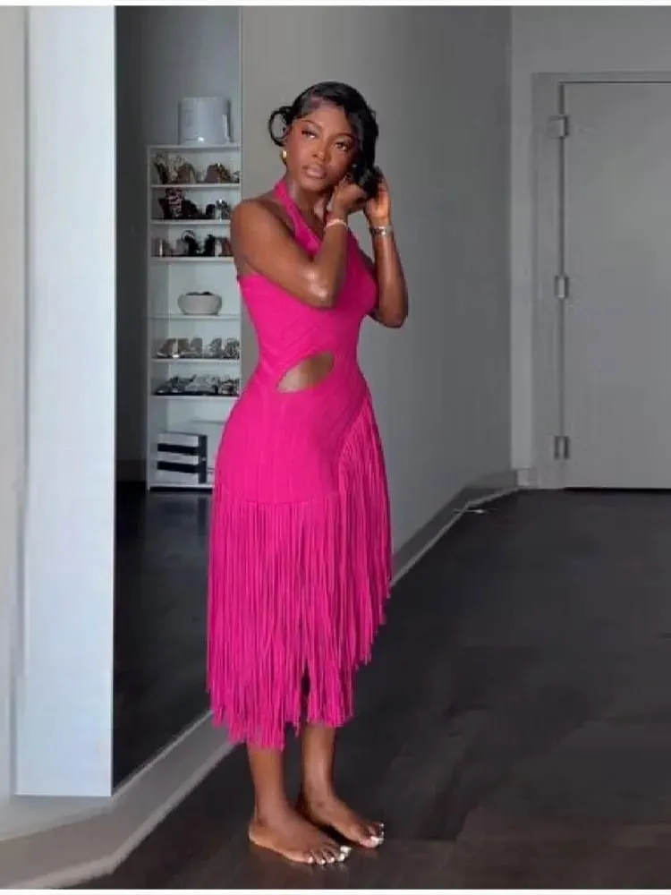 Fashion Yellow Knitted Irregular Dress Women Elegant Hollow Out Tassel Splicing Halter Sleeveless Vestido Summer Lady Club Gowns — image 7