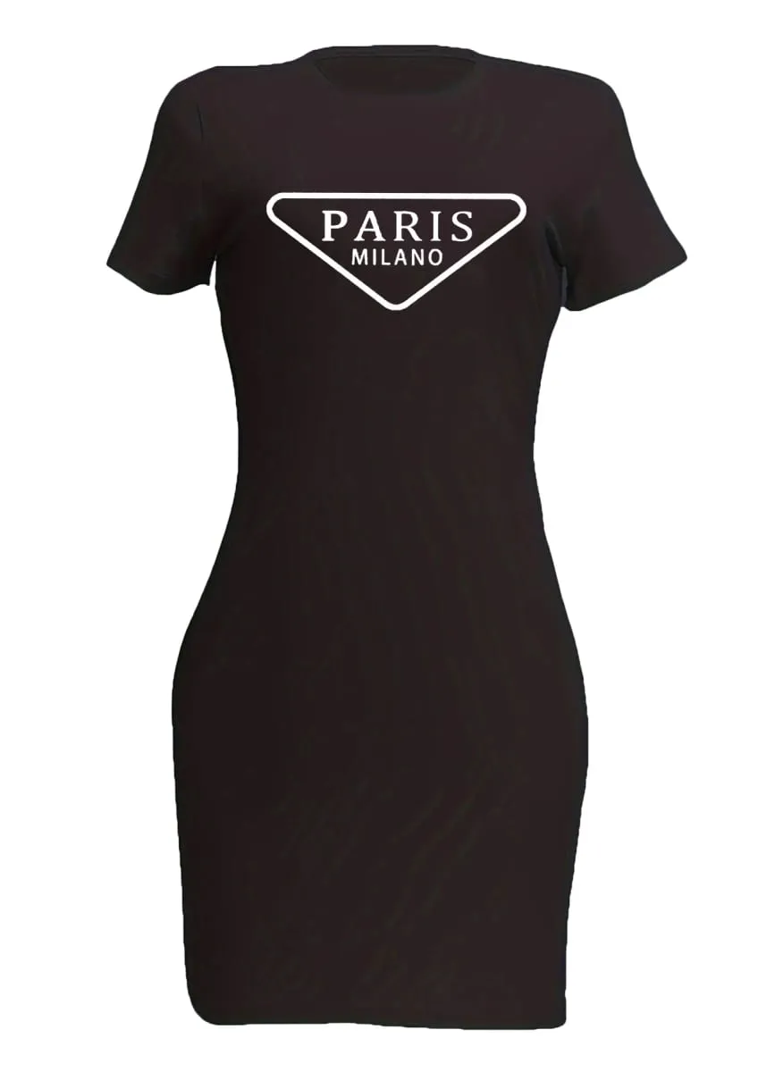 Verão feminino paris carta impressão casual fino ajuste manga curta em torno do pescoço camiseta curto mini vestido — image 2