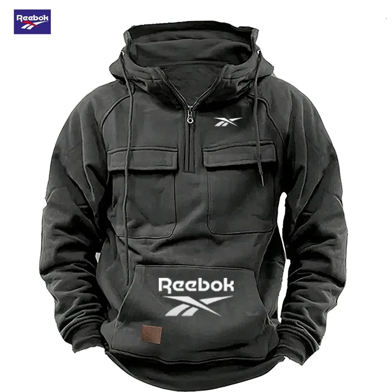 2026 Reebok Logo Multi-Pocket Design Hoodie - The Top Choice for Fashionable Autumn and Winter, a Semi-Zippered Hooded Comforta