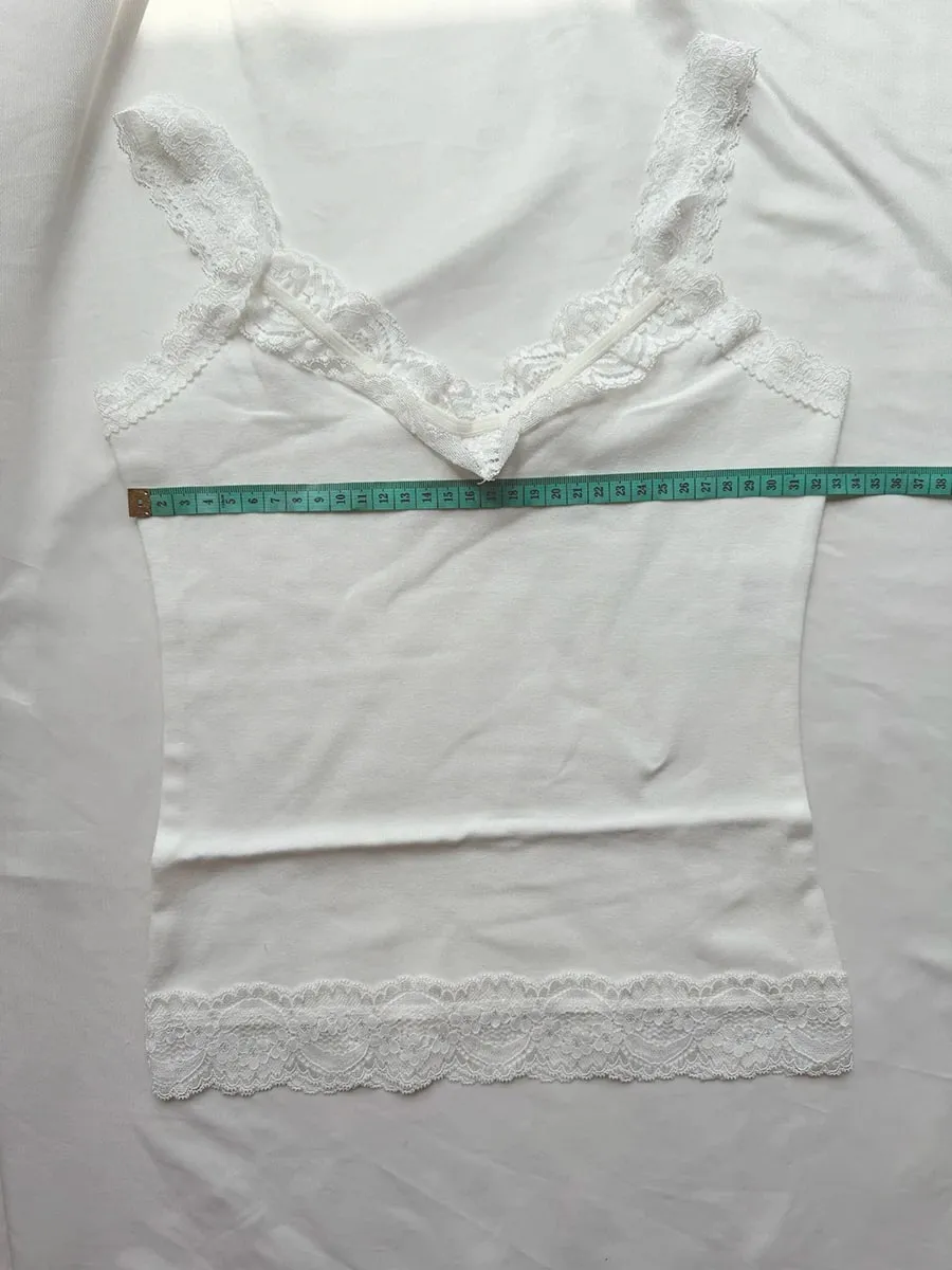 Sweet Lace Patchwork Slim Tank Tops Dam Sommar Vit Sexig Enkel Bomull Mjuka ärmlösa västar Kvinna Vintage Chic Y2K Camisole — image 7